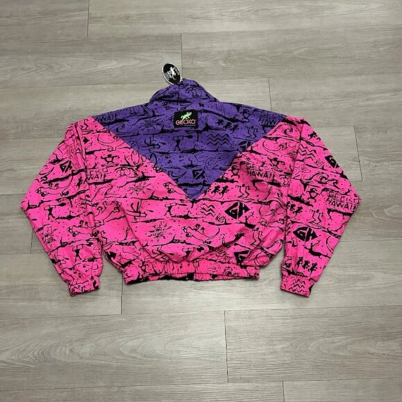 Vintage Gecko Hawaii Neon Pink Purple All Over Print Windbreaker Jacket - Picture 8 of 10